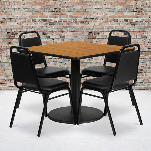 Natural Top/Black Vinyl Seat |#| 36inch Square Natural Laminate Table with Round Base and 4 Black Banquet Chairs