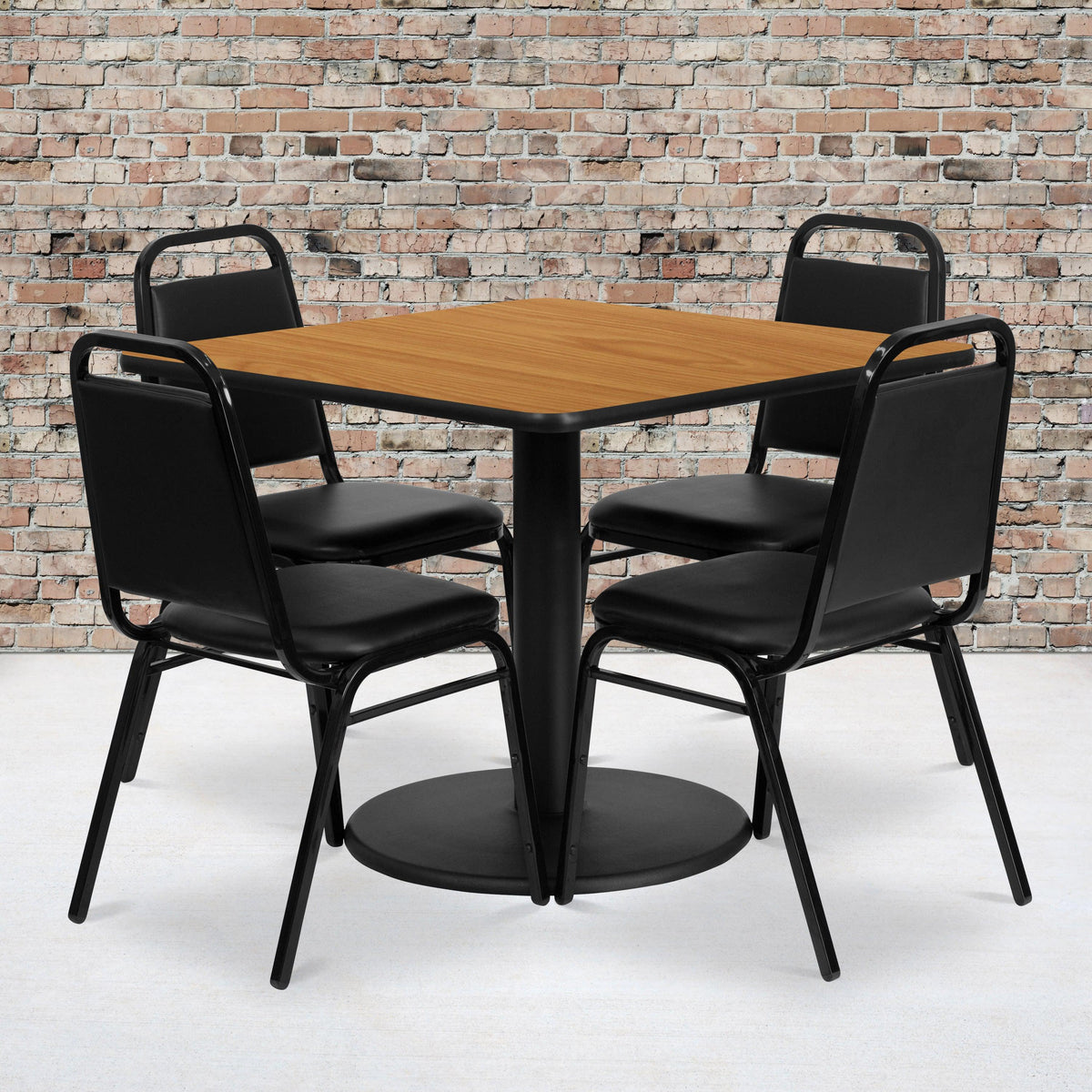 Natural Top/Black Vinyl Seat |#| 36inch Square Natural Laminate Table with Round Base and 4 Black Banquet Chairs