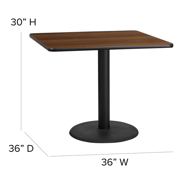 Walnut Top/Black Vinyl Seat |#| 36inch Square Walnut Laminate Table w/ X-Base & 4 Metal Chairs - Black Vinyl Seat