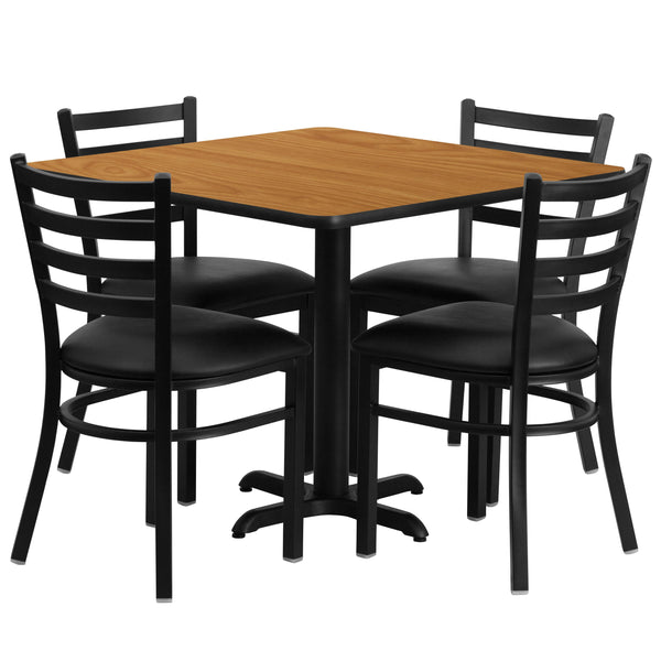 Natural Top/Black Vinyl Seat |#| 36inch Square Natural Laminate Table w/ X-Base & 4 Metal Chairs - Black Vinyl Seat