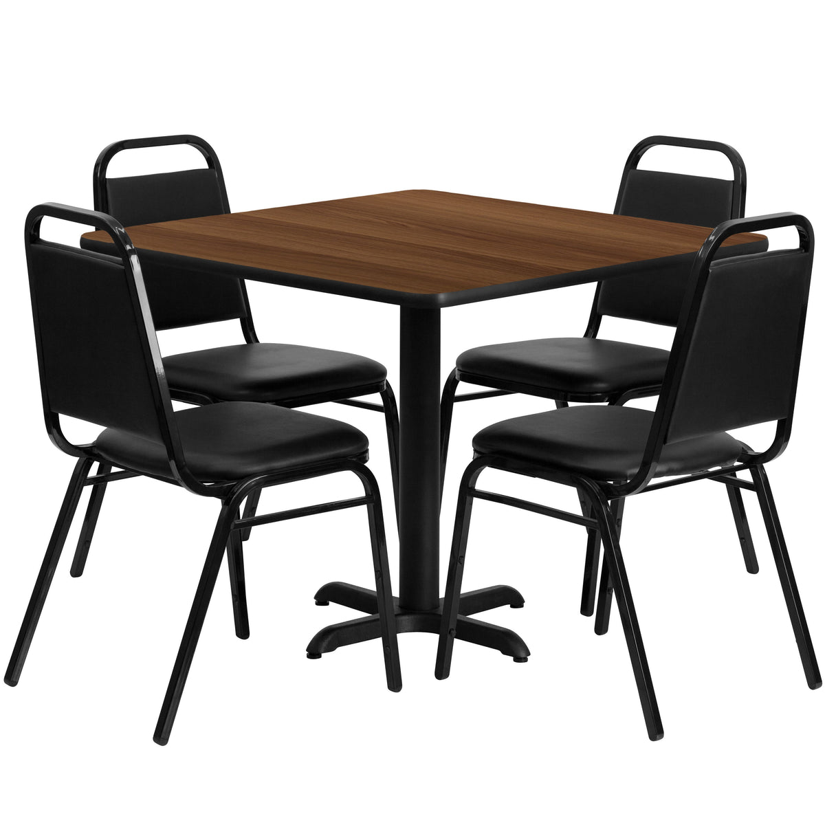 Walnut Top/Black Vinyl Seat |#| 36inch Square Walnut Laminate Table with X-Base and 4 Black Banquet Chairs
