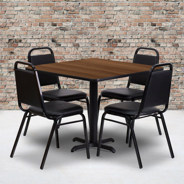 Walnut Top/Black Vinyl Seat |#| 36inch Square Walnut Laminate Table with X-Base and 4 Black Banquet Chairs