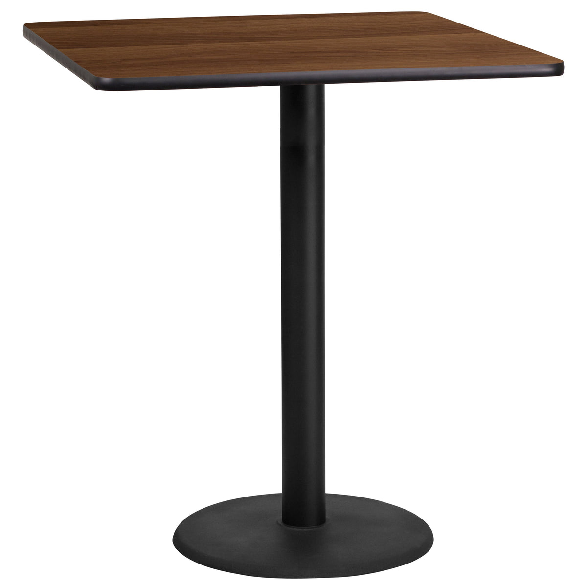 Walnut |#| 36inch Square Walnut Laminate Table Top with 24inch Round Bar Height Table Base