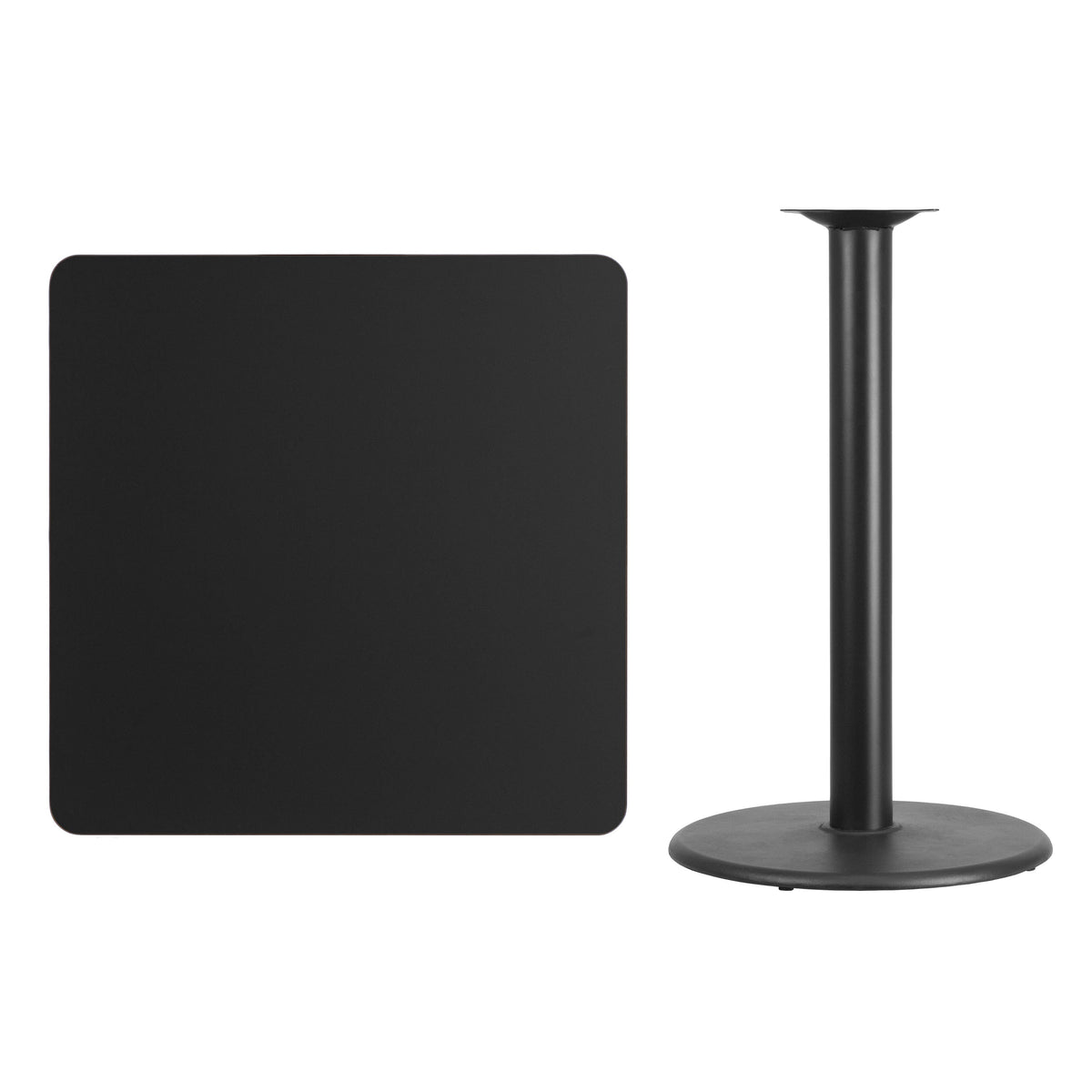 Black |#| 36inch Square Black Laminate Table Top with 24inch Round Bar Height Table Base