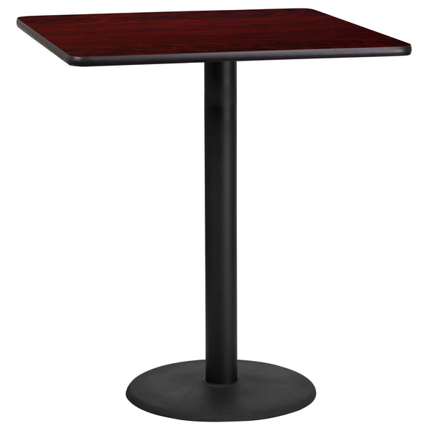 Mahogany |#| 36inch Square Mahogany Laminate Table Top with 24inch Round Bar Height Table Base