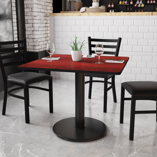 Mahogany |#| 36inch Square Mahogany Laminate Table Top with 24inch Round Table Height Base