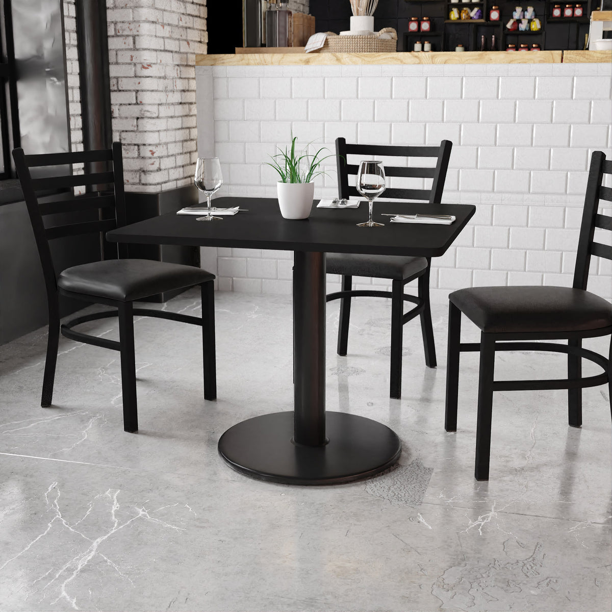 Black |#| 36inch Square Black Laminate Table Top with 24inch Round Table Height Base