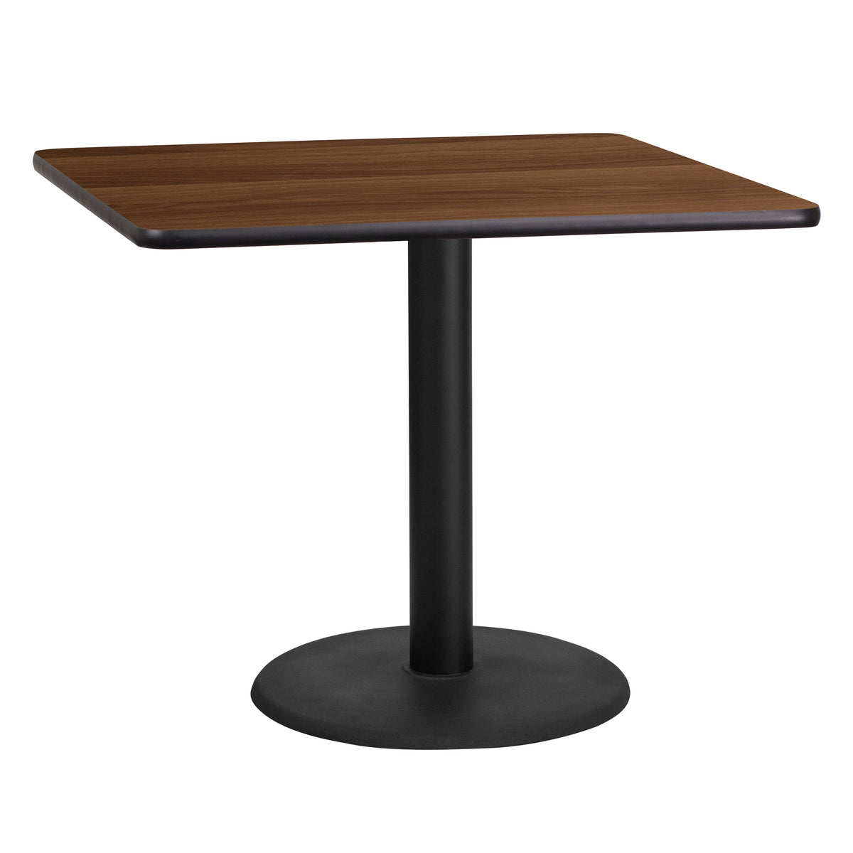 Walnut |#| 36inch Square Walnut Laminate Table Top with 24inch Round Table Height Base