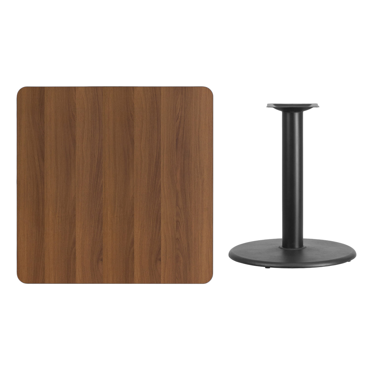 Walnut |#| 36inch Square Walnut Laminate Table Top with 24inch Round Table Height Base