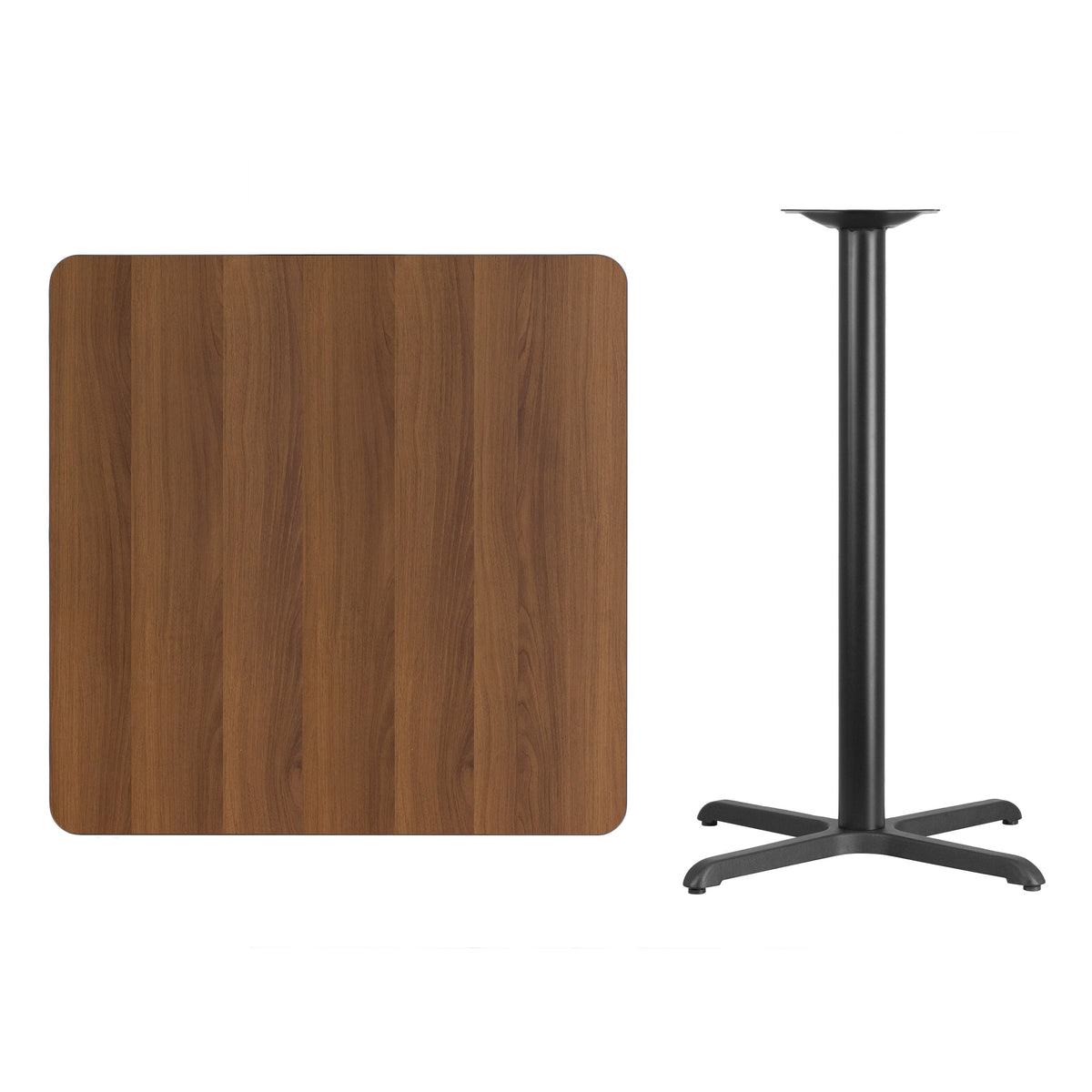 Walnut |#| 36inch Square Walnut Laminate Table Top with 30inch x 30inch Bar Height Table Base