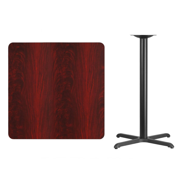 Walnut |#| 36inch Square Walnut Laminate Table Top with 30inch x 30inch Bar Height Table Base
