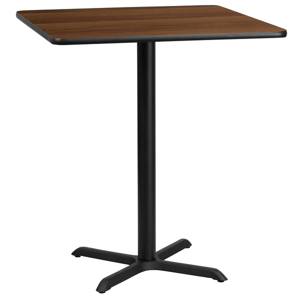 Walnut |#| 36inch Square Walnut Laminate Table Top with 30inch x 30inch Bar Height Table Base