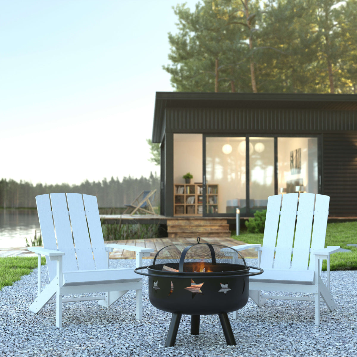 White |#| Star and Moon Fire Pit with Mesh Cover & 2 White Poly Resin Adirondack Chairs