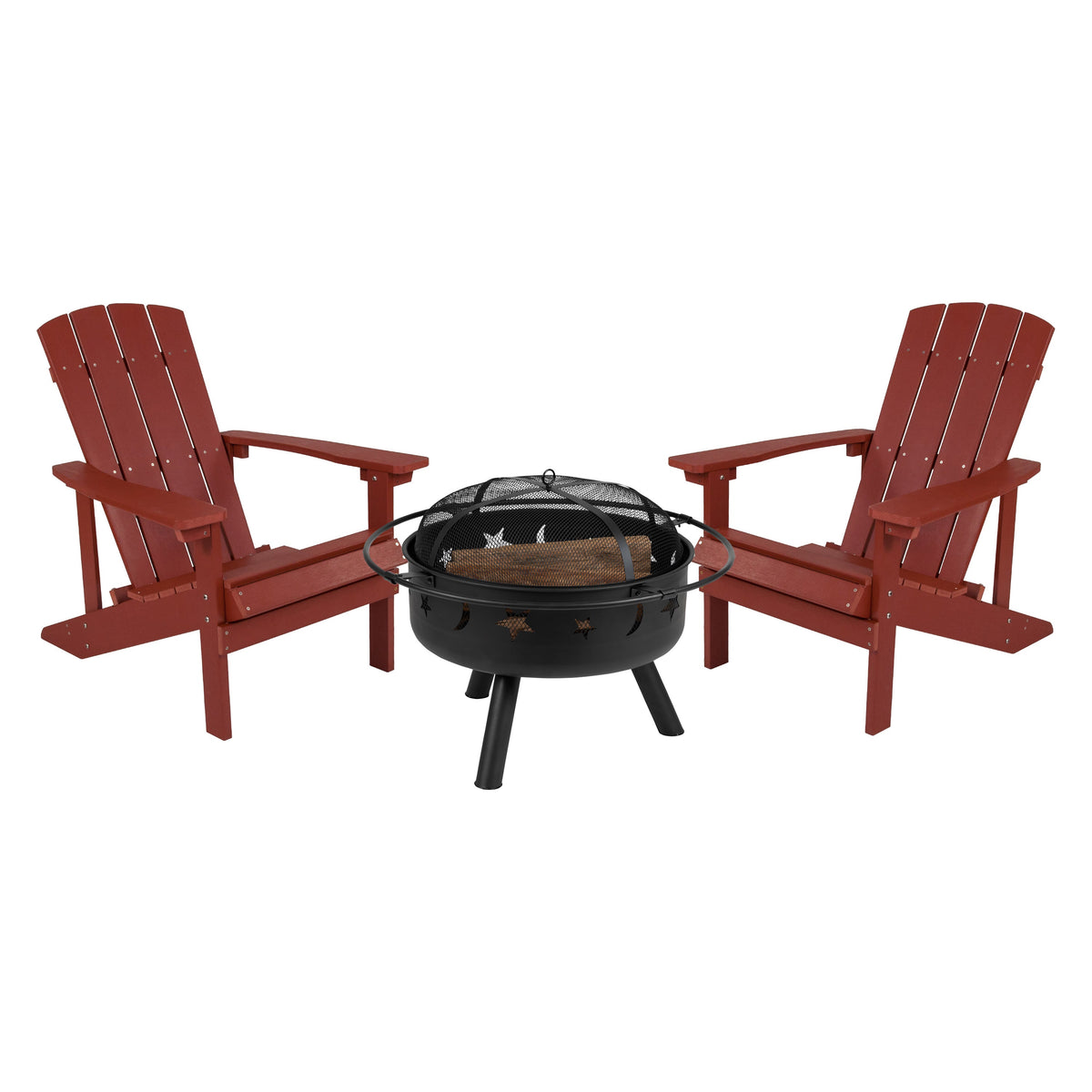 Red |#| Star and Moon Fire Pit with Mesh Cover & 2 Red Poly Resin Adirondack Chairs