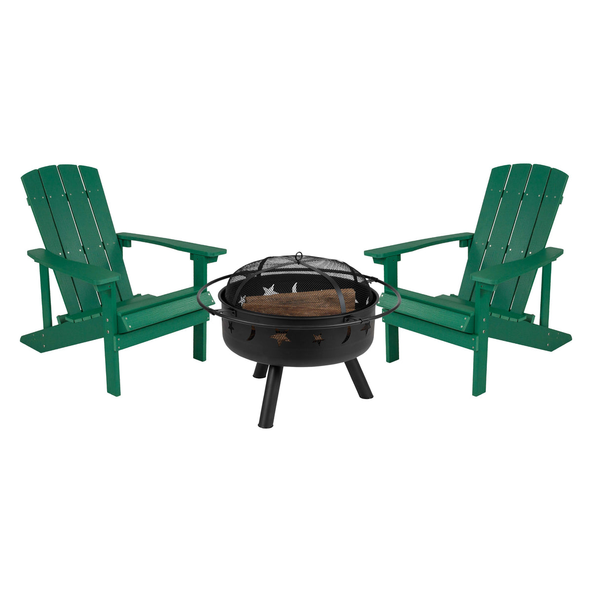 Green |#| Star and Moon Fire Pit with Mesh Cover & 2 Green Poly Resin Adirondack Chairs