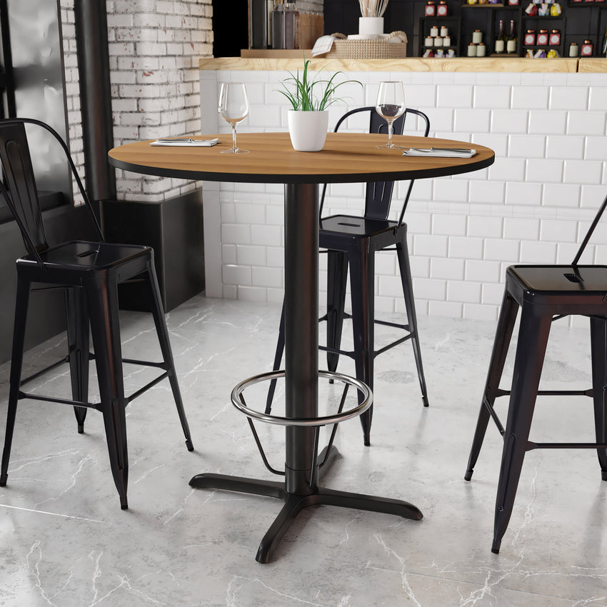 42'' Round Laminate Table Top with 33'' x 33'' Bar Height Table Base and Foot Ring