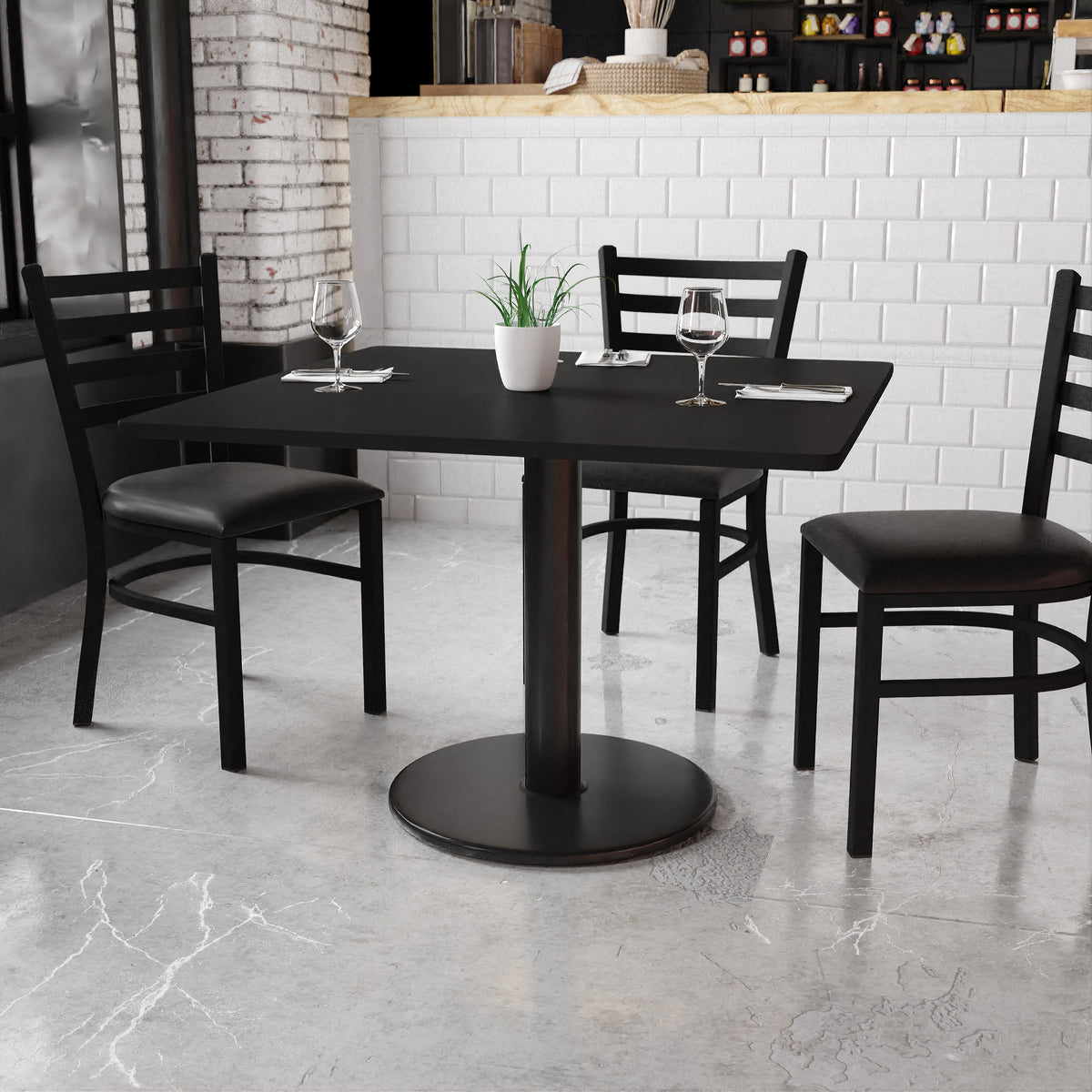 Black |#| 42inch Square Black Laminate Table Top with 24inch Round Table Height Base