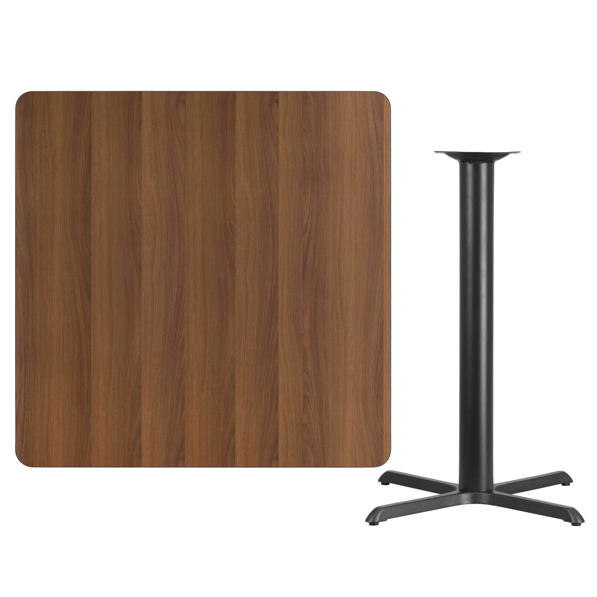 Walnut |#| 42inch Square Walnut Laminate Table Top with 33inch x 33inch Bar Height Table Base