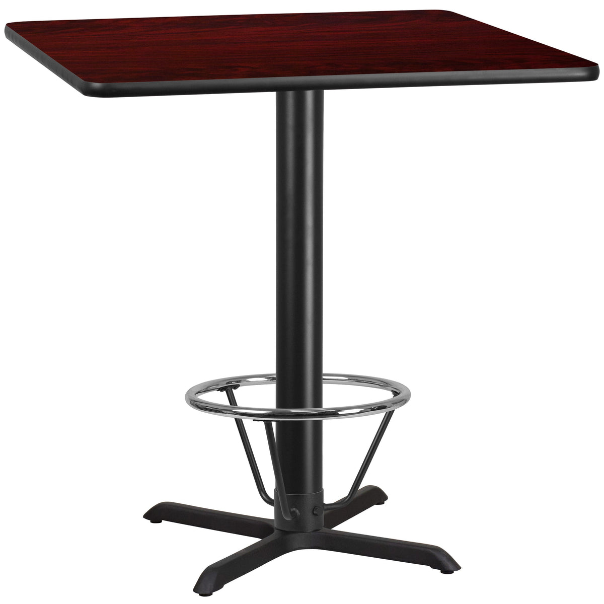 Mahogany |#| 42inch SQ Mahogany Laminate Table Top & 33inch x 33inch Bar Height Table Base w/Foot Ring