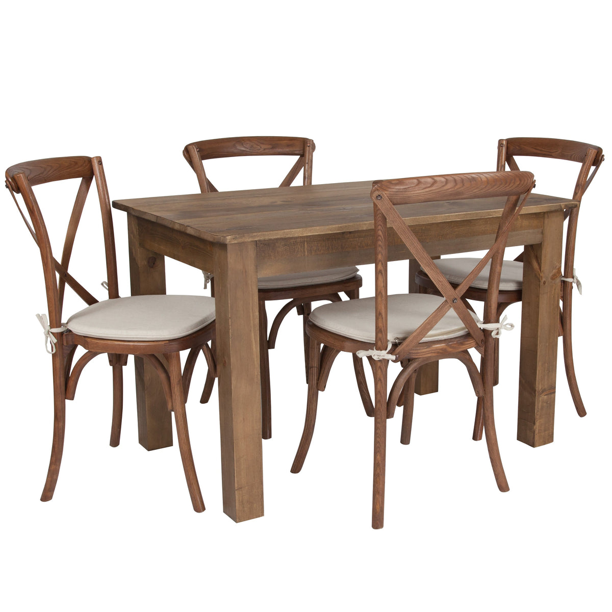 46inch x 30inch Antique Rustic Farm Table Set with 4 Cross Back Chairs and Cushions