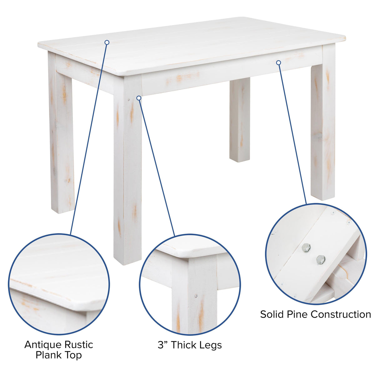 Antique Rustic White |#| 46inch x 30inch Rectangular Antique Rustic White Solid Pine Farm Dining Table