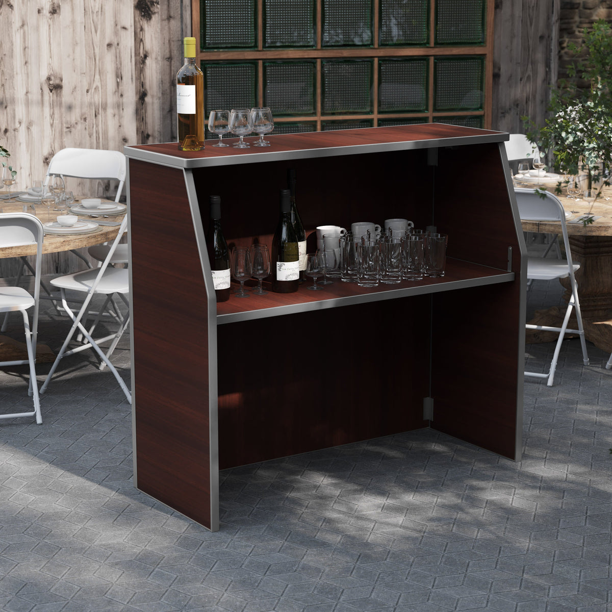 Walnut Woodgrain |#| 4' Walnut Laminate Foldable Portable Event Bar - Catering/Bartender Bar