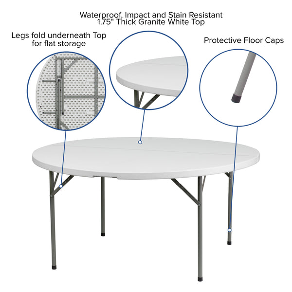 5-Foot Round Granite White Plastic Folding Table - Banquet / Event Folding Table