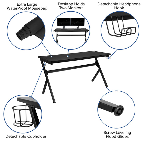 55inch Black Computer Gaming Desk - Headphone Holder - Cable Management - Mouse Pad