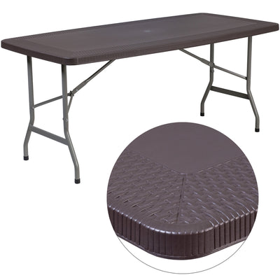 5.62-Foot Rattan Indoor-Outdoor Plastic Folding Table with Umbrella Hole - View 1