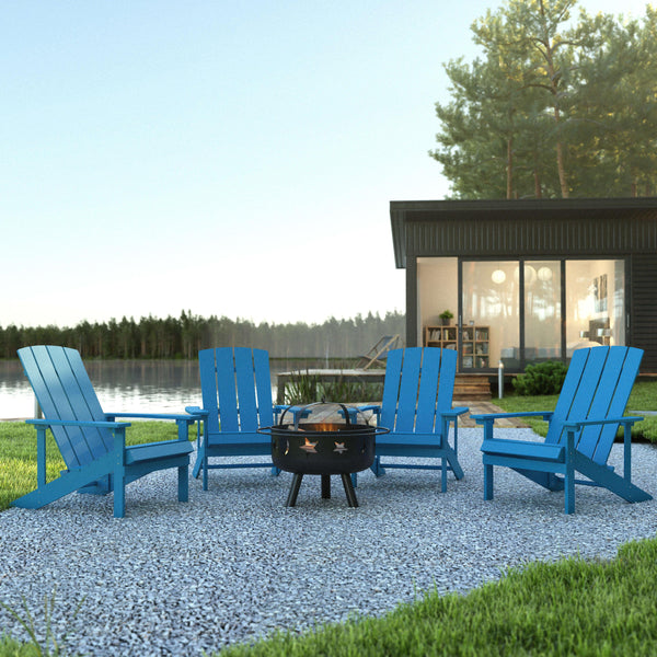 Blue |#| Star and Moon Fire Pit with Mesh Cover & 4 Blue Poly Resin Adirondack Chairs