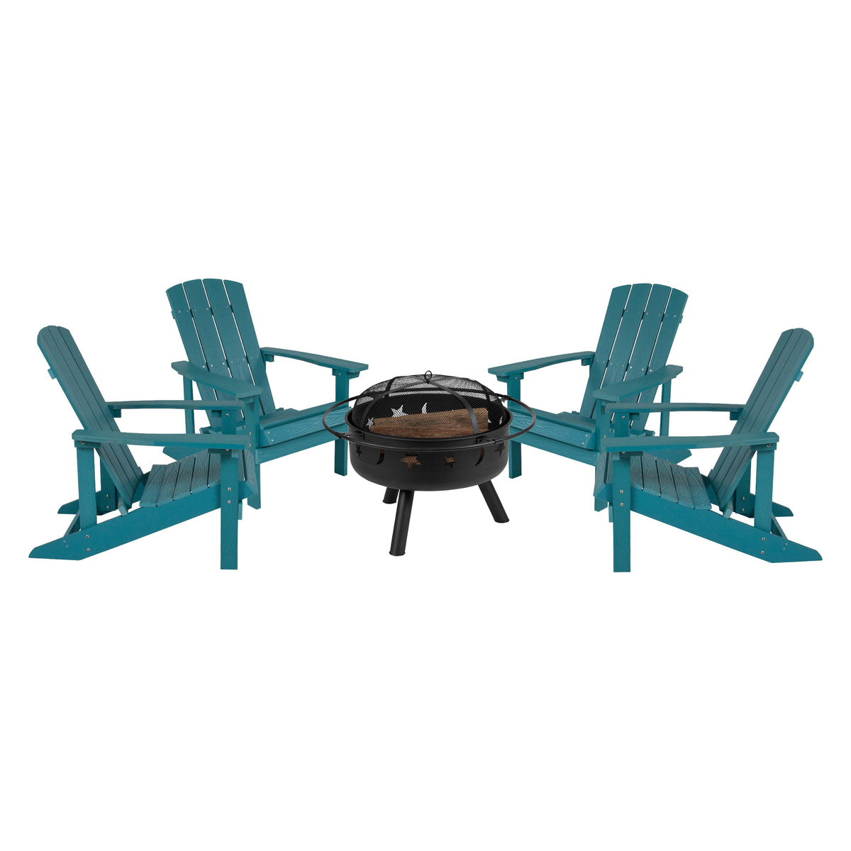 Sea Foam |#| Star and Moon Fire Pit with Mesh Cover & 4 Sea Foam Poly Resin Adirondack Chairs