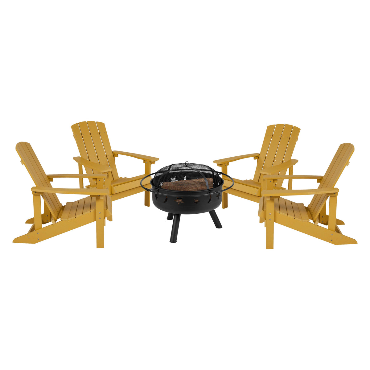 Yellow |#| Star and Moon Fire Pit with Mesh Cover & 4 Yellow Poly Resin Adirondack Chairs