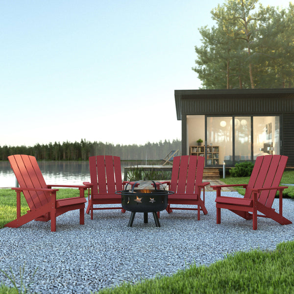 Red |#| Star and Moon Fire Pit with Mesh Cover & 4 Red Poly Resin Adirondack Chairs