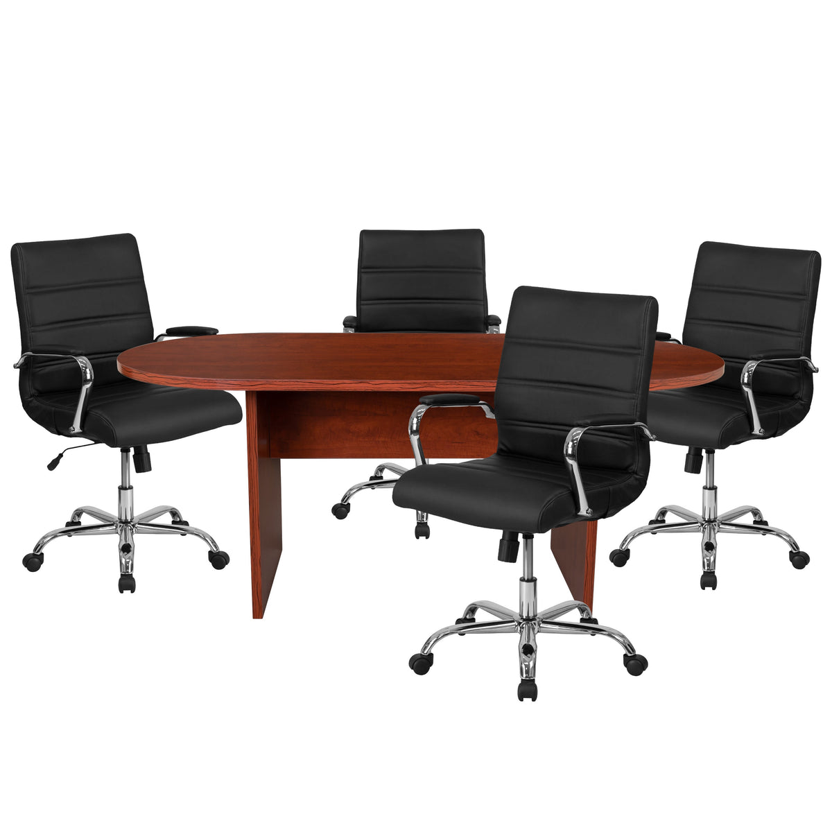 Cherry |#| 5 Piece Cherry Oval Conference Table with 4 Black/Chrome LeatherSoft Chairs