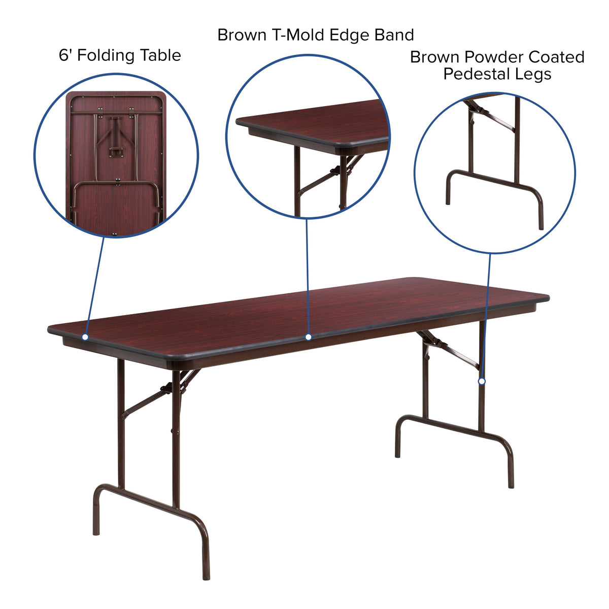 6-Foot Mahogany Melamine Laminate Folding Banquet & Catering Table