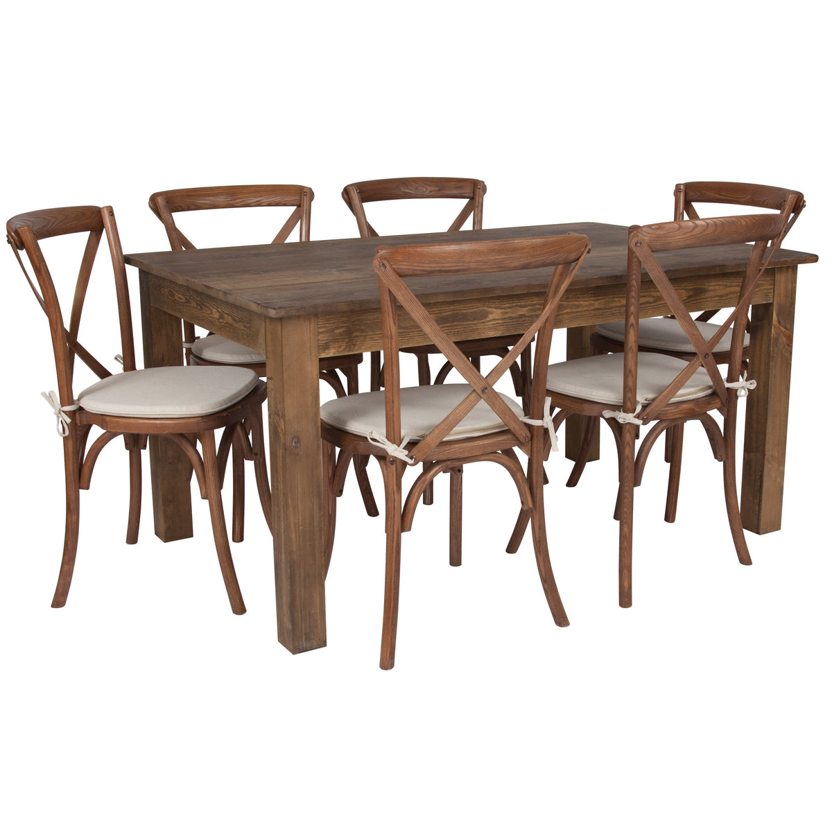 60inch x 38inch Antique Rustic Farm Table Set with 6 Cross Back Chairs and Cushions