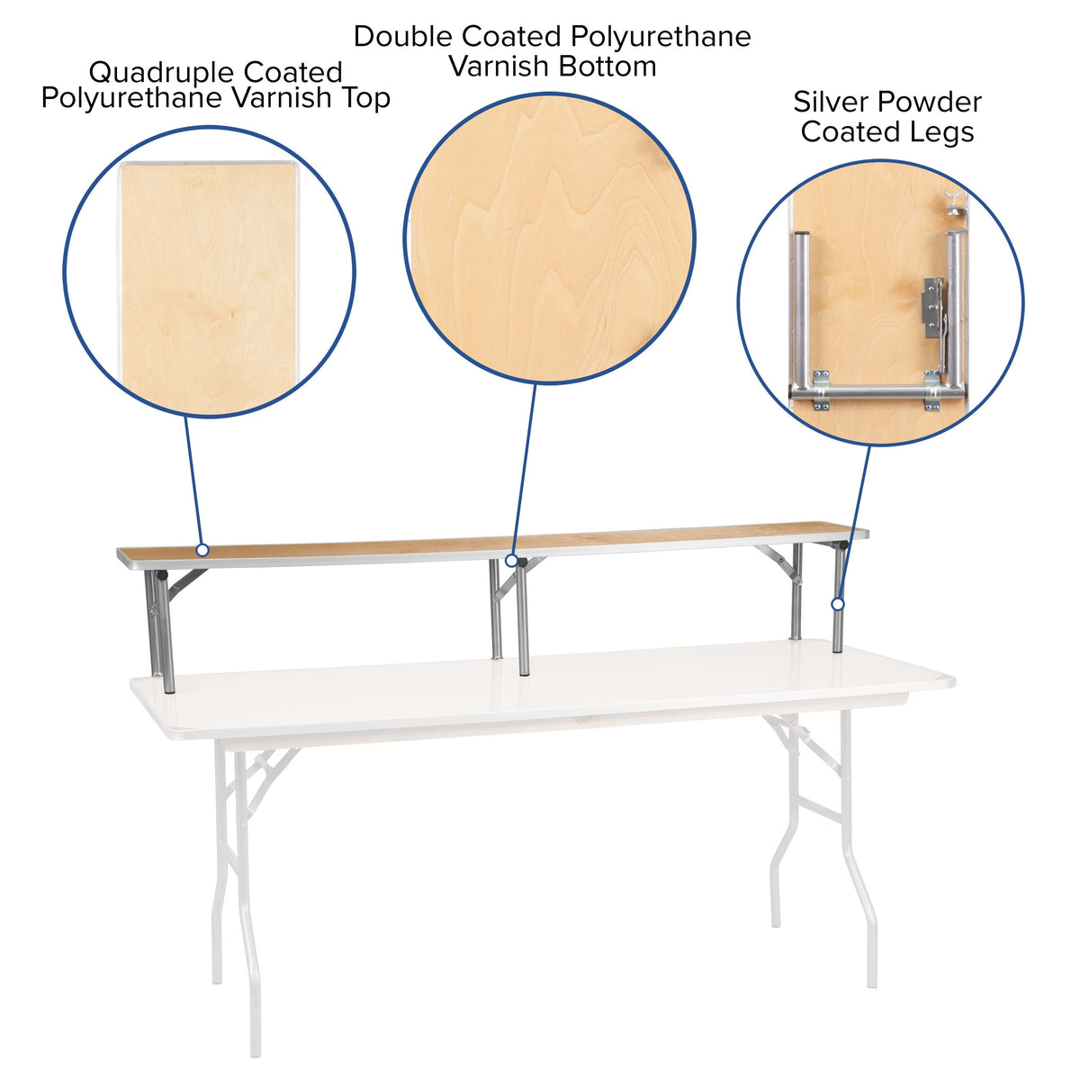 72inch x 12inch x 12inch Birchwood Bar Top Riser with Silver Legs