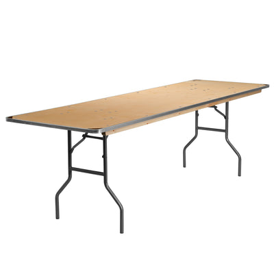 8-Foot Rectangular HEAVY DUTY Birchwood Folding Banquet Table with METAL Edges and Protective Corner Guards