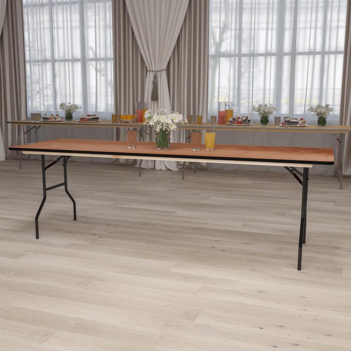 8-Foot Rectangular Wood Folding Banquet Table with Clear Coated Finished Top