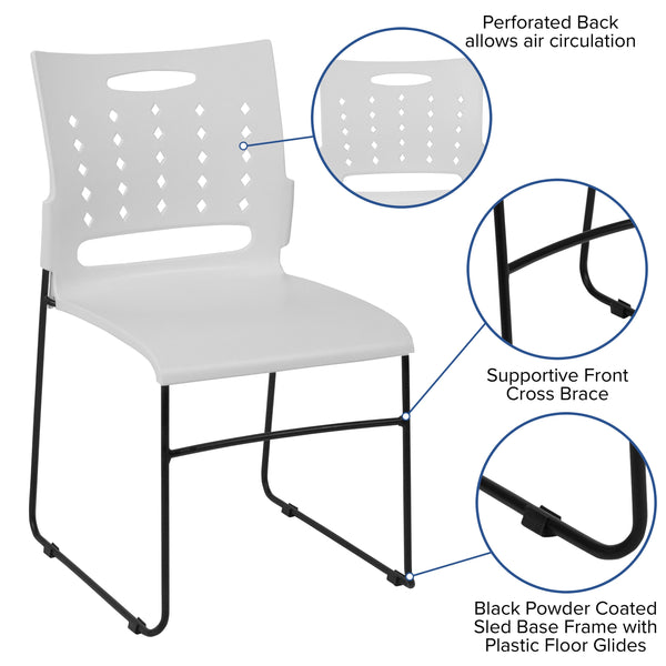 White |#| 881 lb. Capacity White Sled Base Stack Chair with Carry Handle and Air-Vent Back