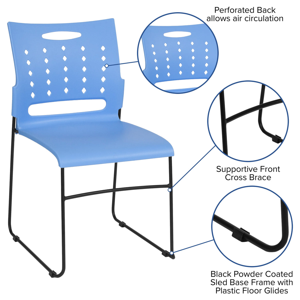 Blue |#| 881 lb. Capacity Blue Sled Base Stack Chair with Carry Handle and Air-Vent Back