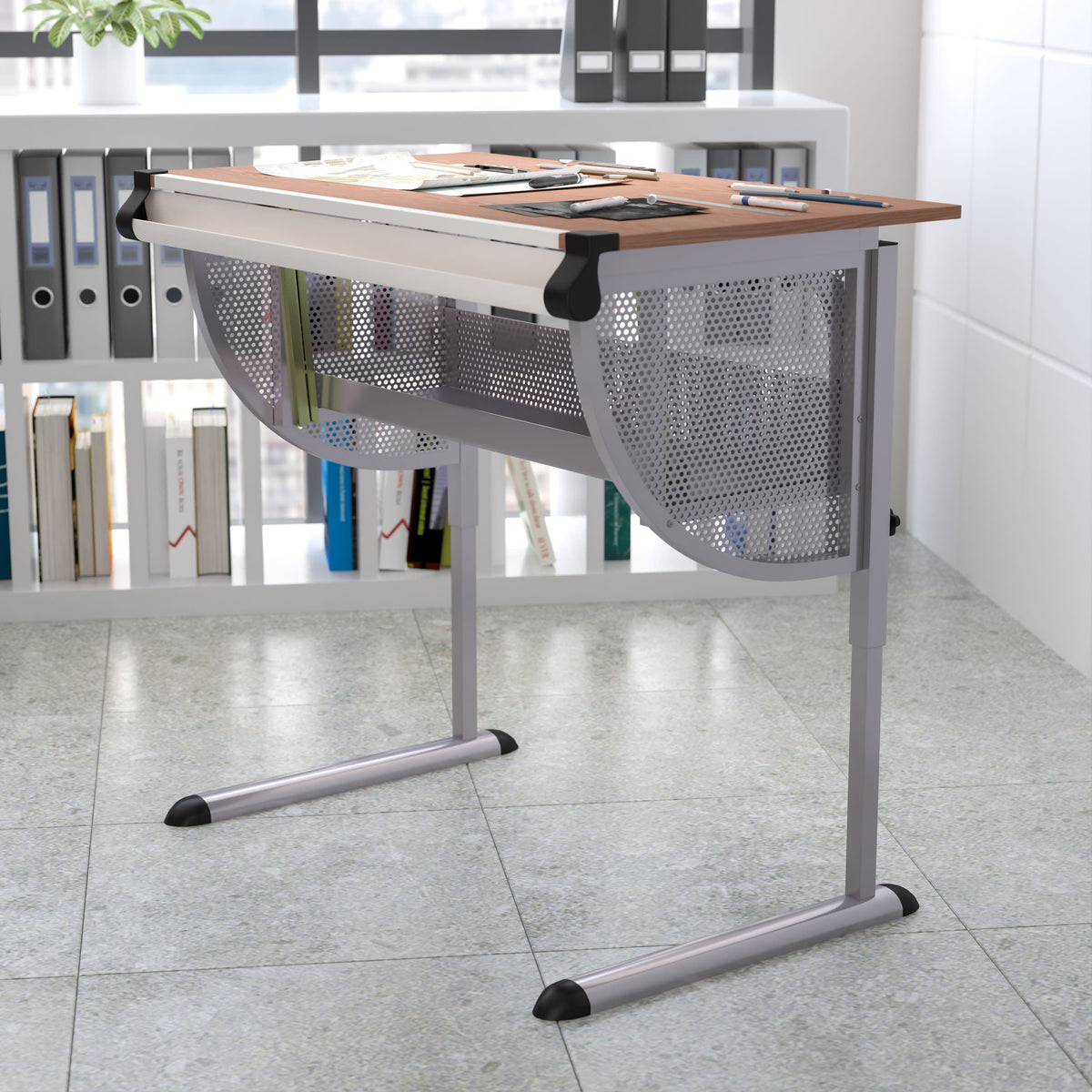 Adjustable Drawing and Drafting Table with Pewter Frame and Lower Supply Tray