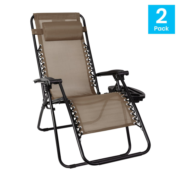 Brown |#| 2 Pack Adjustable Mesh Zero Gravity Lounge Chair with Cup Holder Tray - Brown