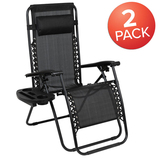 Black |#| 2 Pack Adjustable Mesh Zero Gravity Lounge Chair with Cup Holder Tray - Black