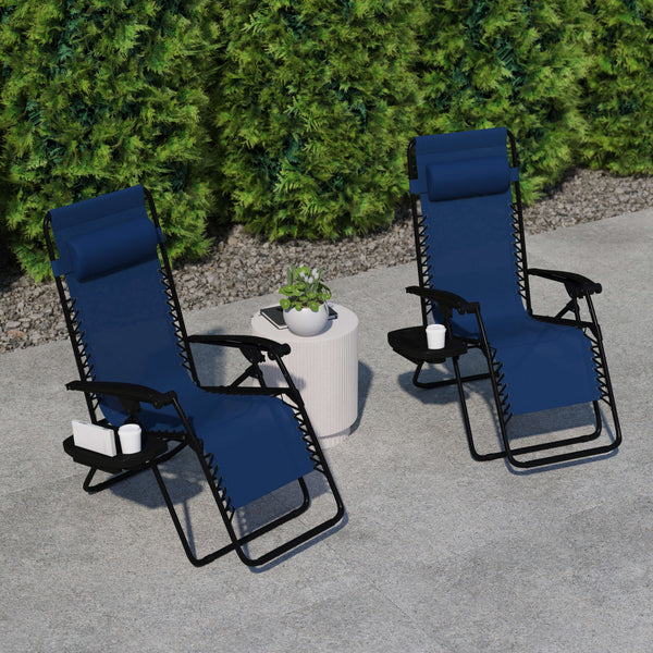 Navy |#| 2 Pack Adjustable Mesh Zero Gravity Lounge Chair with Cup Holder Tray - Navy