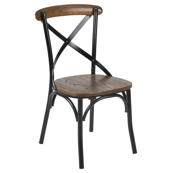 Black/Fruitwood |#| X-Back Black Metal Dining Restaurant Chair with Fruitwood Seat