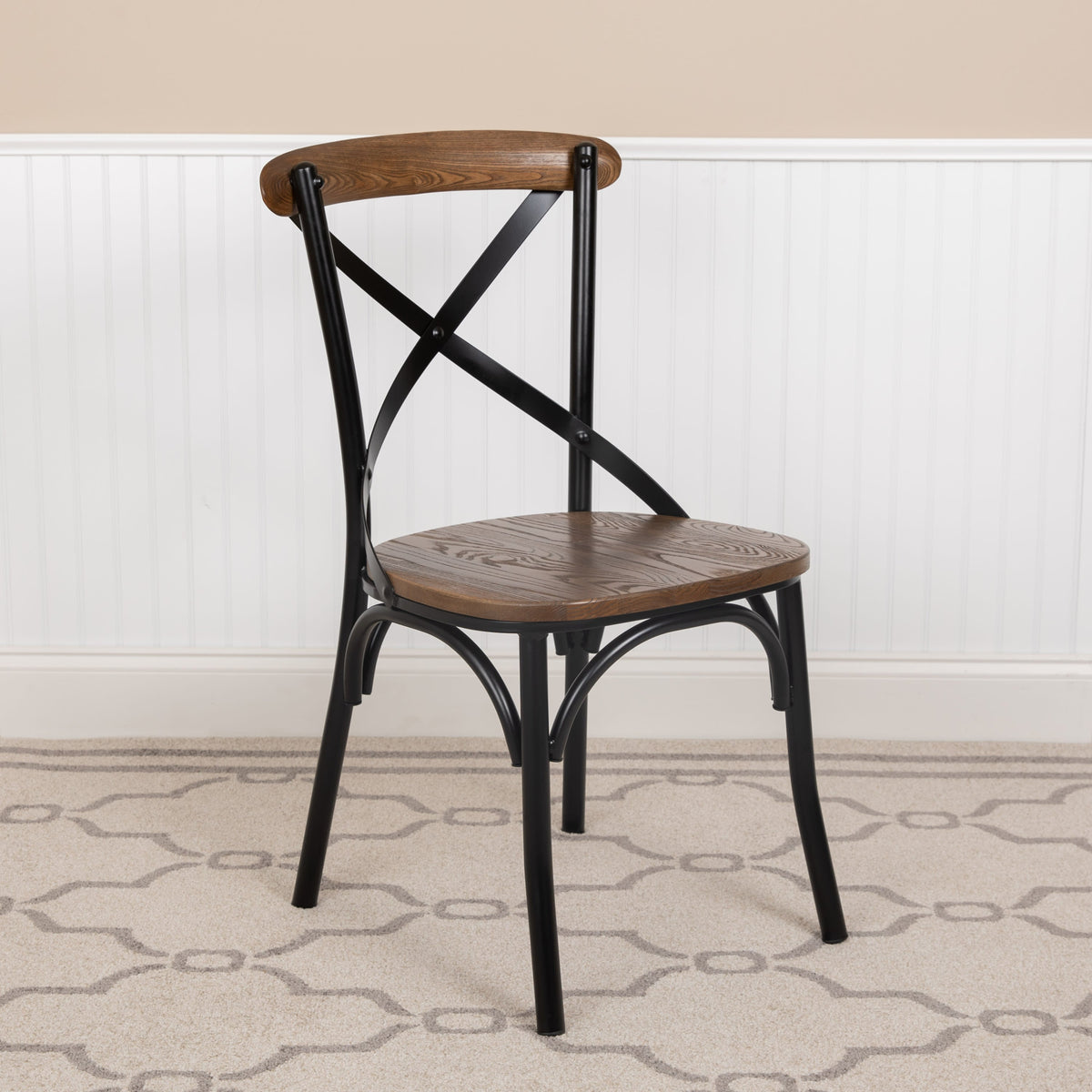 Black/Fruitwood |#| X-Back Black Metal Dining Restaurant Chair with Fruitwood Seat