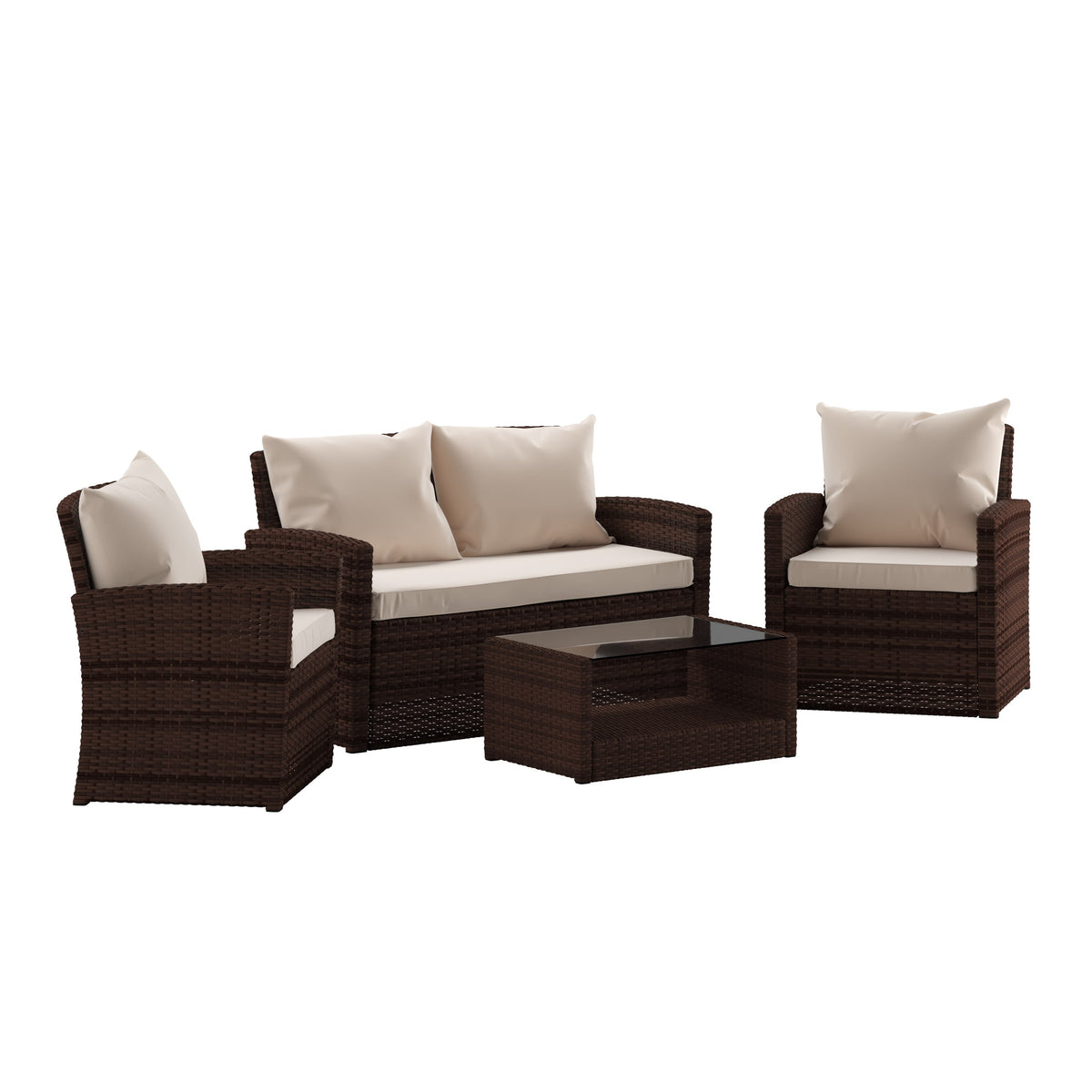 Beige Cushions/Brown Frame |#| 4 PC Brown Patio Set with Beige Back Pillows & Seat Cushions - Outdoor Seating