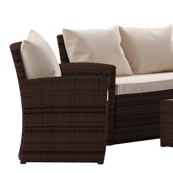 Beige Cushions/Brown Frame |#| 4 PC Brown Patio Set with Beige Back Pillows & Seat Cushions - Outdoor Seating