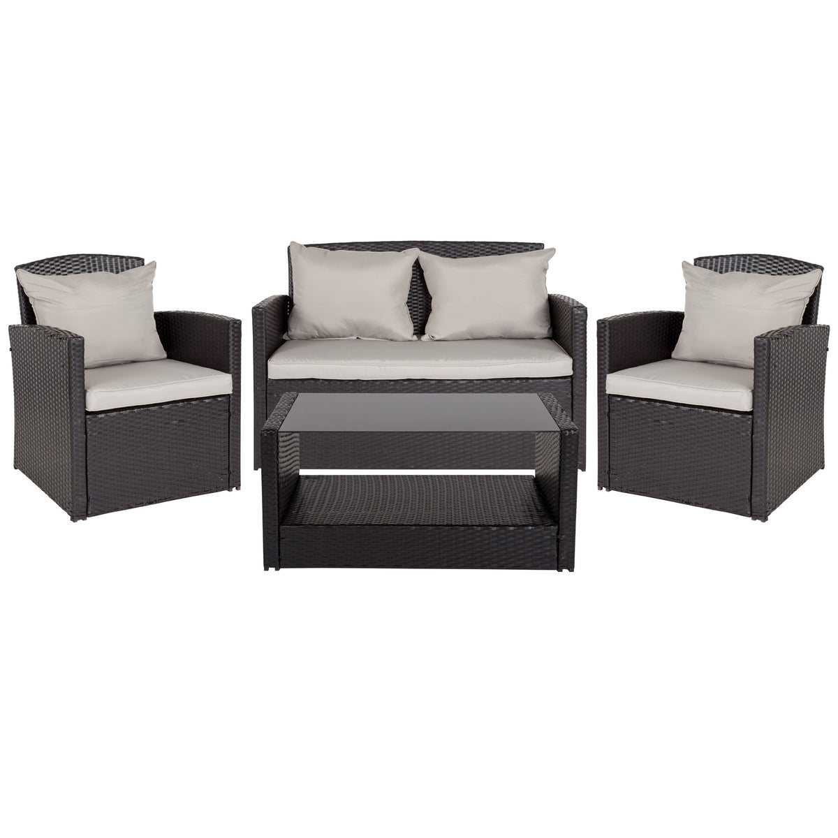 Gray Cushions/Black Frame |#| 4 Piece Black Patio Set with Gray Back Pillows & Seat Cushions - Outdoor Seating